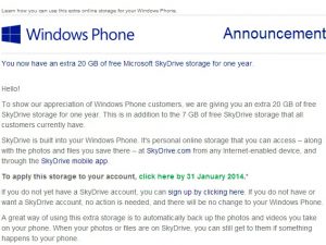 Read more about the article Microsoft is giving 20 GB free SkyDrive storage to Windows Phone users