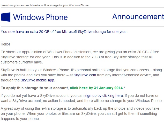 You are currently viewing Microsoft is giving 20 GB free SkyDrive storage to Windows Phone users